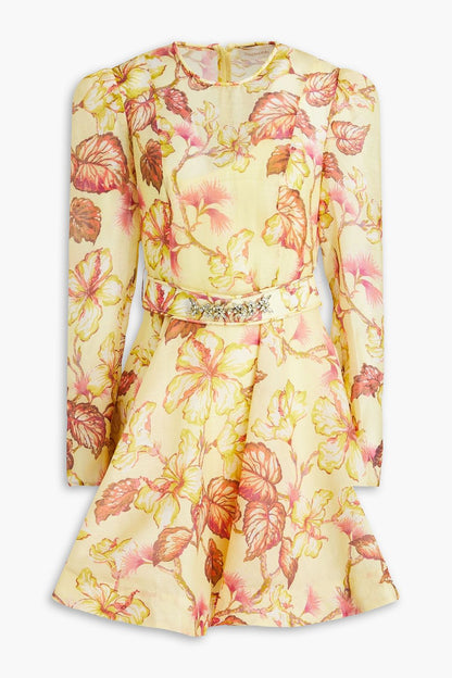Belted Floral-Print Silk-Blend Mini Dress