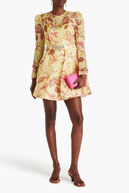 Belted Floral-Print Silk-Blend Mini Dress