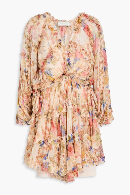 Tiered Floral-Print Crepon Mini Dress