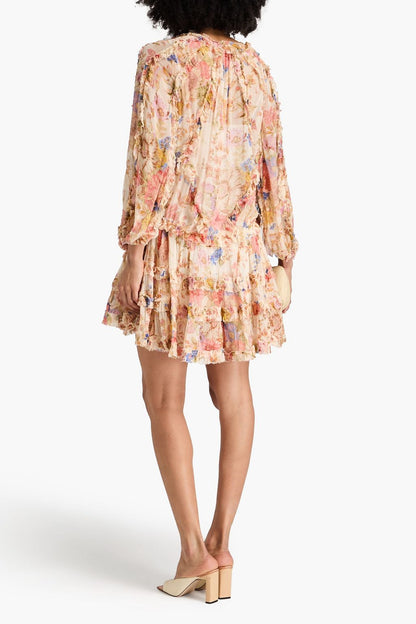 Tiered Floral-Print Crepon Mini Dress