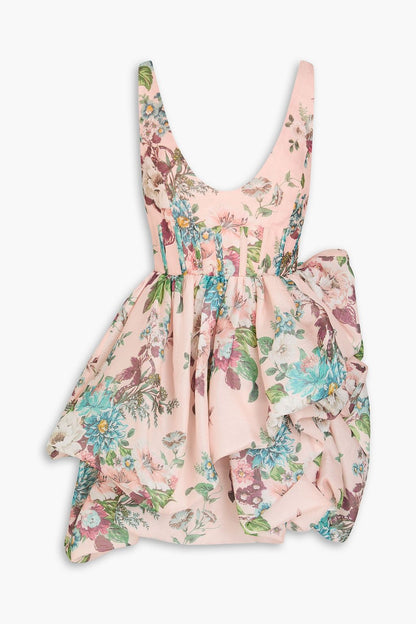 Ruffed Floral-Print Linen and Silk-Blend Mini Dress